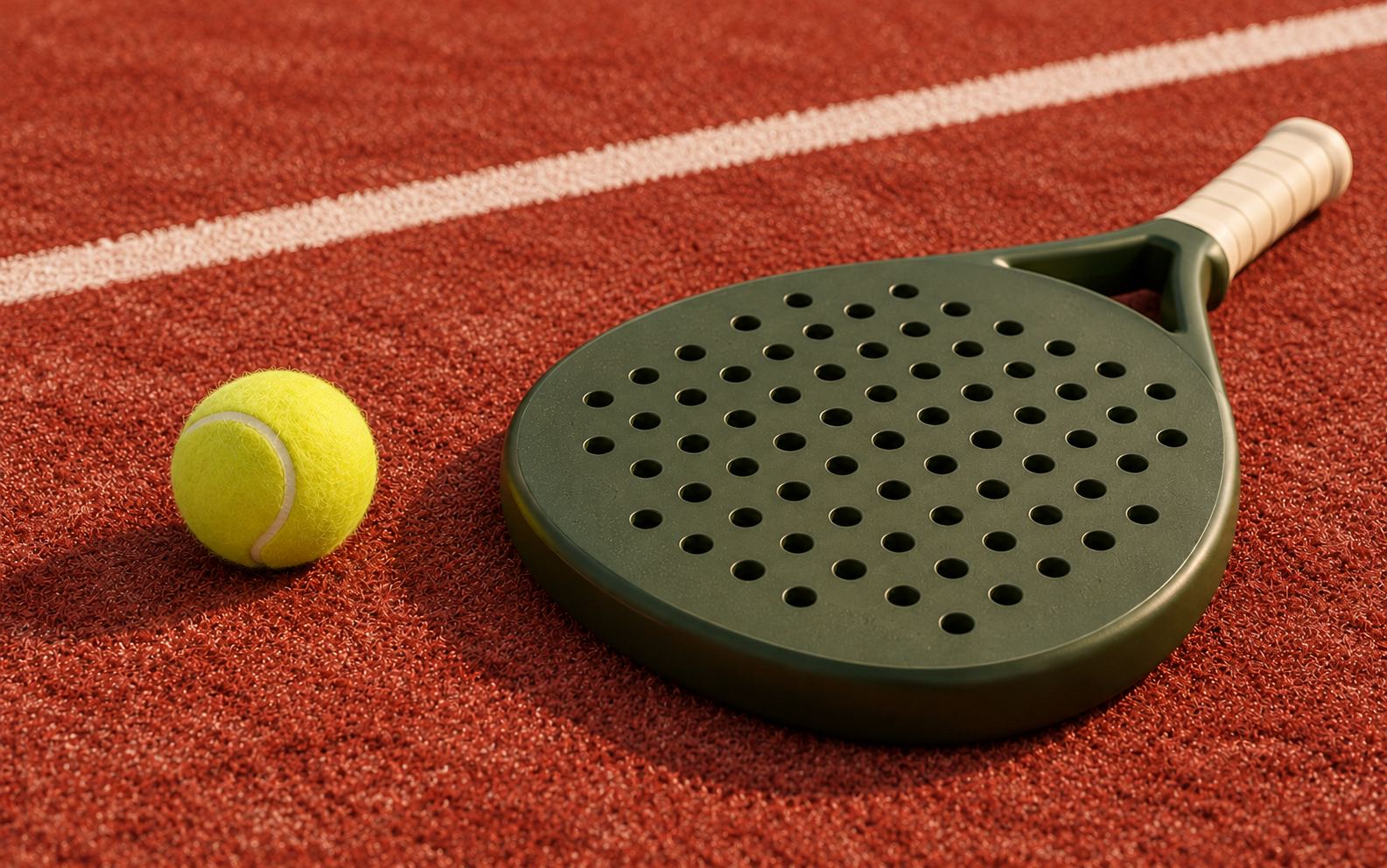 Raquete de padel e bola amarela sobre o tapete do campo